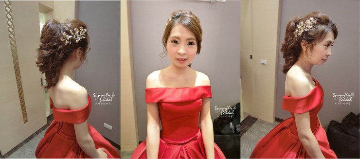 結婚新娘造型｜嘉義新秘推薦|新娘秘書｜新娘秘書推薦|雨晴新娘秘書｜新娘髮型｜敬酒造型｜紅色卡肩禮服｜高馬尾造型｜氣勢｜氣質