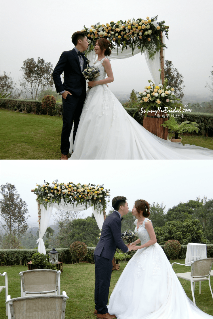 西式婚禮|戶外證婚|證婚拱門｜證婚新娘妝髮｜鮮花花環｜憶起幸福婚禮佈置｜新秘雨晴SunnyYu｜幸福山丘｜白紗造型｜戶外婚禮