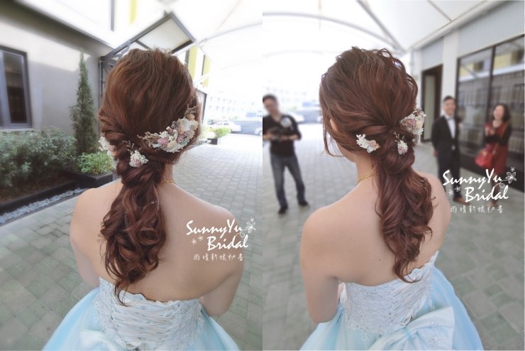 台北新秘推薦│新娘秘書｜新秘雨晴│新秘推薦│新娘秘書推薦｜新娘髮型│低馬尾造型｜編髮造型│水藍色晚禮服｜新娘結婚造型｜篷鬆線條髮型｜乾燥花飾品｜手作乾燥花髮飾