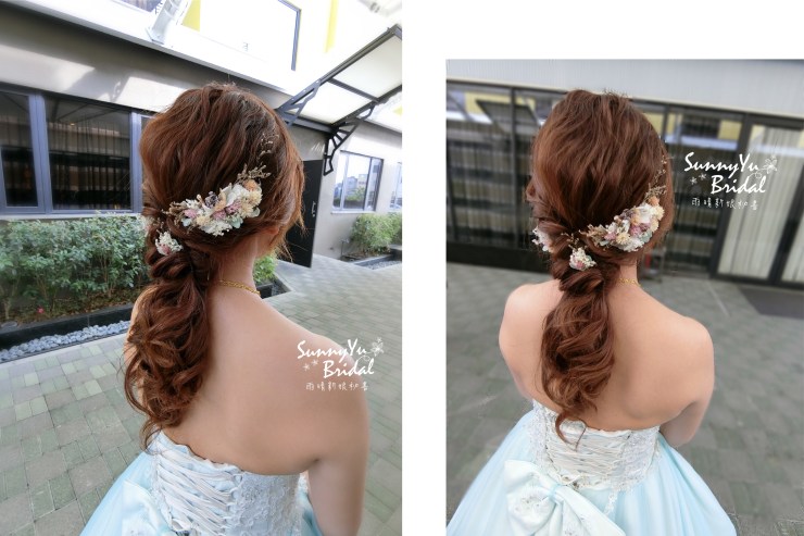 台北新秘推薦│新娘秘書｜新秘雨晴│新秘推薦│新娘秘書推薦｜新娘髮型│低馬尾造型｜編髮造型│水藍色晚禮服｜新娘結婚造型｜篷鬆線條髮型｜乾燥花飾品｜手作乾燥花髮飾｜敬酒造型｜樂億皇家渡假酒店