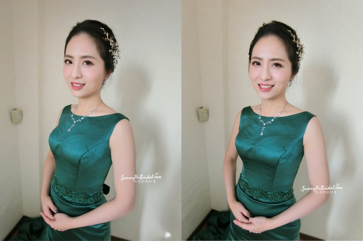 台北新秘｜新娘造型｜新娘妝感｜冷豔｜氣質｜晚禮服｜台北新秘推薦｜新娘秘書推薦｜宜蘭新秘｜雨晴新娘秘書｜綠色禮服｜緞面禮服｜精緻眼妝｜紅唇｜復古｜透亮妝感｜黑髮新娘