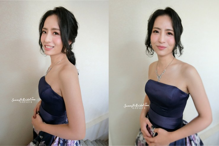 台北新秘｜新娘造型｜新娘妝感｜冷豔｜氣質｜晚禮服｜台北新秘推薦｜新娘秘書推薦｜宜蘭新秘｜雨晴新娘秘書｜深藍色禮服｜花禮服｜精緻眼妝｜低馬尾｜透亮妝感｜編髮造型｜甜美