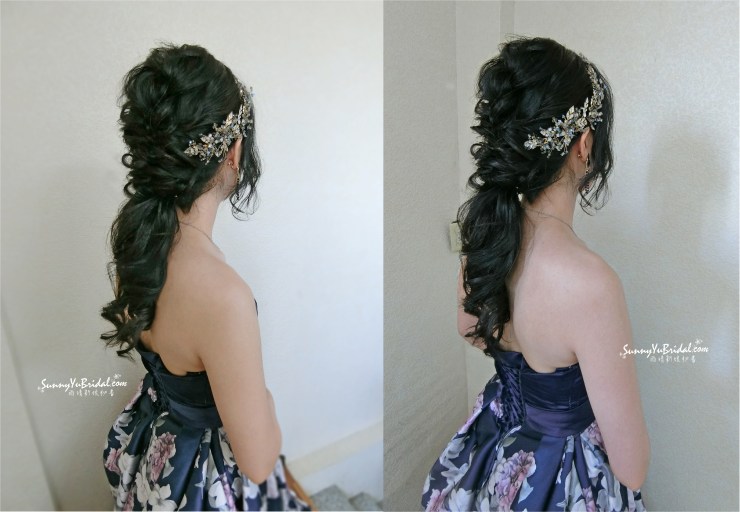 台北新秘｜新娘造型｜新娘妝感｜冷豔｜氣質｜晚禮服｜台北新秘推薦｜新娘秘書推薦｜宜蘭新秘｜雨晴新娘秘書｜深藍色禮服｜花禮服｜精緻眼妝｜低馬尾｜透亮妝感｜編髮造型｜甜美｜進場造型