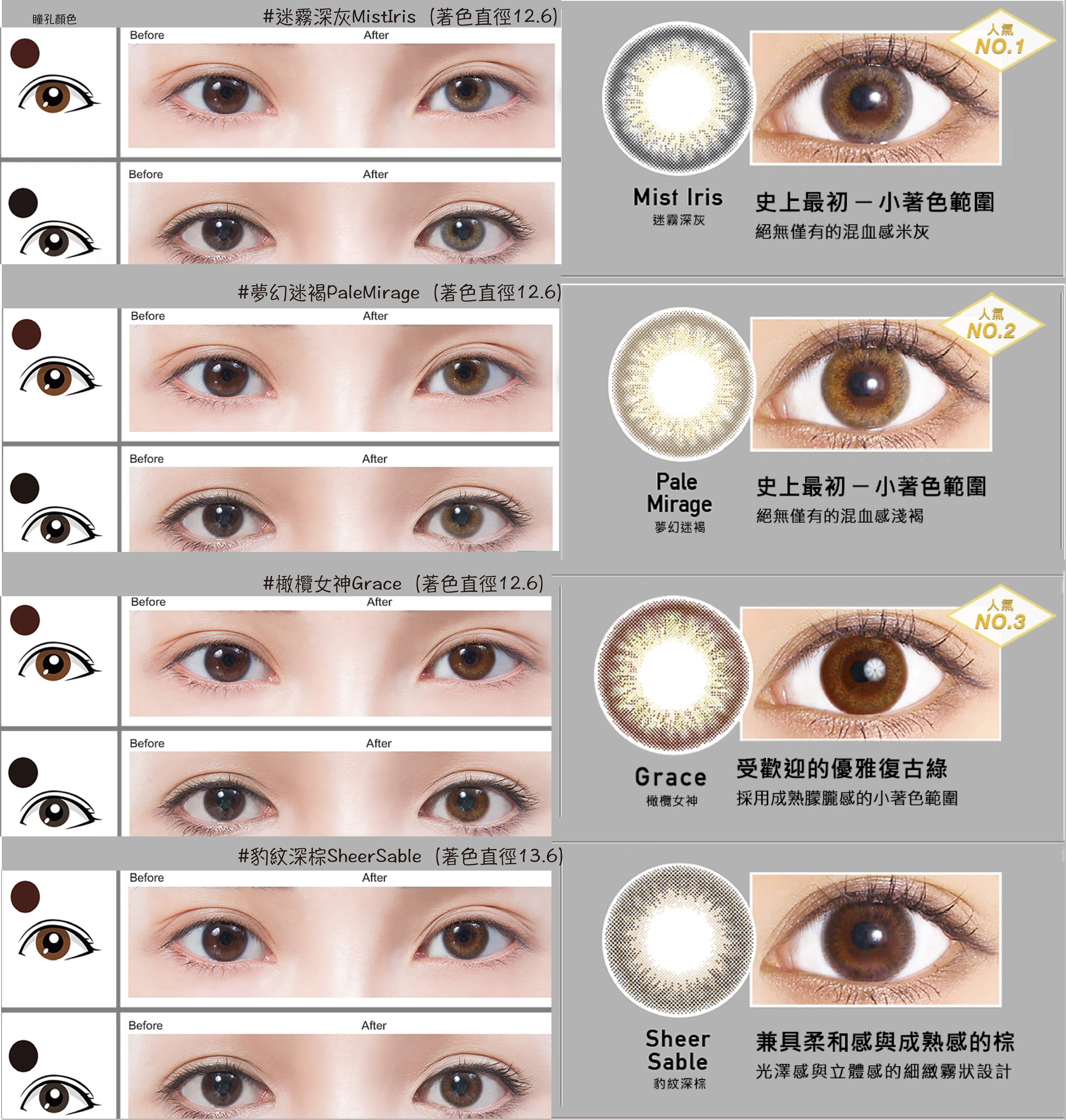 新娘隱眼推薦｜新娘眼妝｜新娘妝髮｜彩色日拋月拋｜新秘雨晴SunnyYu｜東湖內湖南港新娘秘書推薦｜小直徑隱眼｜自然混血感｜晶碩REVIA｜#橄欖女神Grace（著色直徑12.6）、#夢幻迷褐PaleMirage（著色直徑12.6）、#迷霧深灰MistIris（著色直徑12.6）