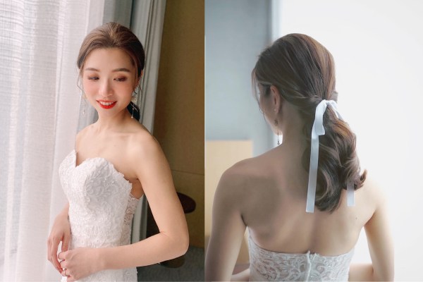 寒舍艾美｜新秘雨晴｜台北新秘推薦｜內湖妝髮梳化造型｜韓風造型｜魚尾白紗｜魚尾禮服婚紗｜低馬尾蝴蝶結造型｜新娘婚禮髮型｜白紗造型
