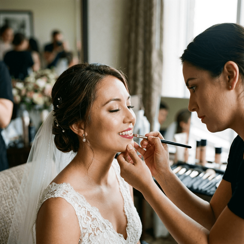 Bride sitting with eyes closed while makeup artist applies lipstick