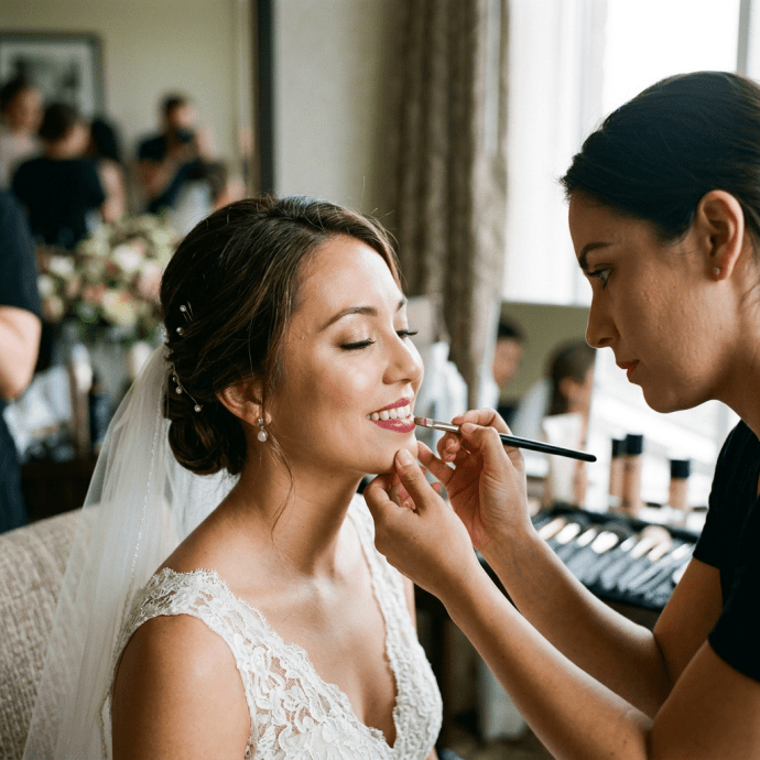 Bride sitting with eyes closed while makeup artist applies lipstick